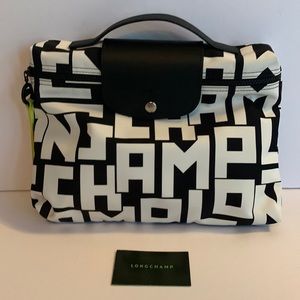 Longchamp Le Pliage LGP S Briefcase in black/white canvas